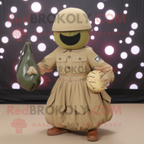 Tan Grenade mascot costume character dressed with a Culottes and Clutch bags