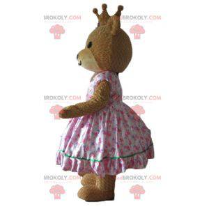 Orso mascotte in abito da principessa rosa con una corona -