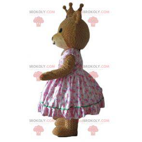 Mascotte d'ours en robe de princesse rose avec une couronne -