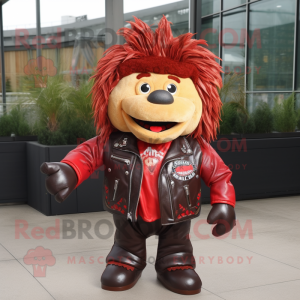 Red Bbq Ribs mascot costume character dressed with a Leather Jacket and Hair clips