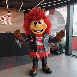 Red Bbq Ribs mascot costume character dressed with a Leather Jacket and Hair clips