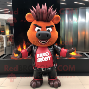 Red Bbq Ribs mascot costume character dressed with a Leather Jacket and Hair clips