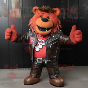Red Bbq Ribs mascot costume character dressed with a Leather Jacket and Hair clips