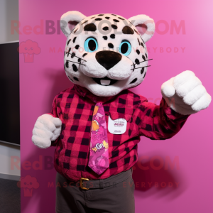 Magenta Leopard mascot costume character dressed with a Flannel Shirt and Pocket squares
