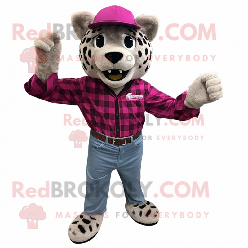 Magenta Leopard mascot costume character dressed with a Flannel Shirt and Pocket squares