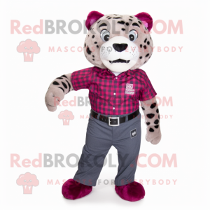 Magenta Leopard mascot costume character dressed with a Flannel Shirt and Pocket squares