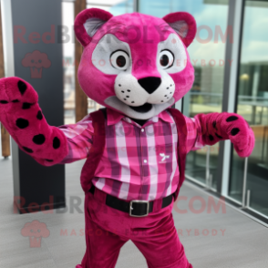 Magenta Leopard mascot costume character dressed with a Flannel Shirt and Pocket squares