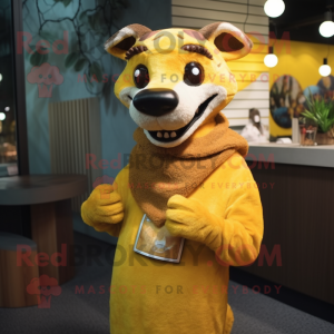 Yellow Thylacosmilus mascot costume character dressed with a Sweater and Cummerbunds