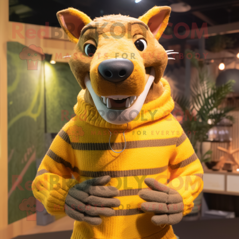 Yellow Thylacosmilus mascot costume character dressed with a Sweater and Cummerbunds