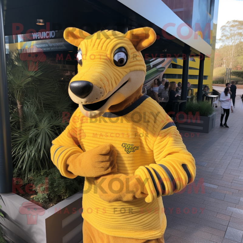 Yellow Thylacosmilus mascot costume character dressed with a Sweater and Cummerbunds