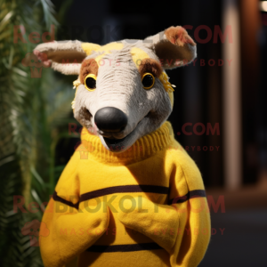 Yellow Thylacosmilus mascot costume character dressed with a Sweater and Cummerbunds