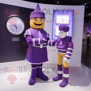 Purple Swiss Guard mascot costume character dressed with a Boyfriend Jeans and Digital watches