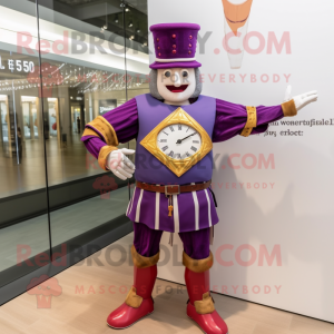 Purple Swiss Guard mascot costume character dressed with a Boyfriend Jeans and Digital watches