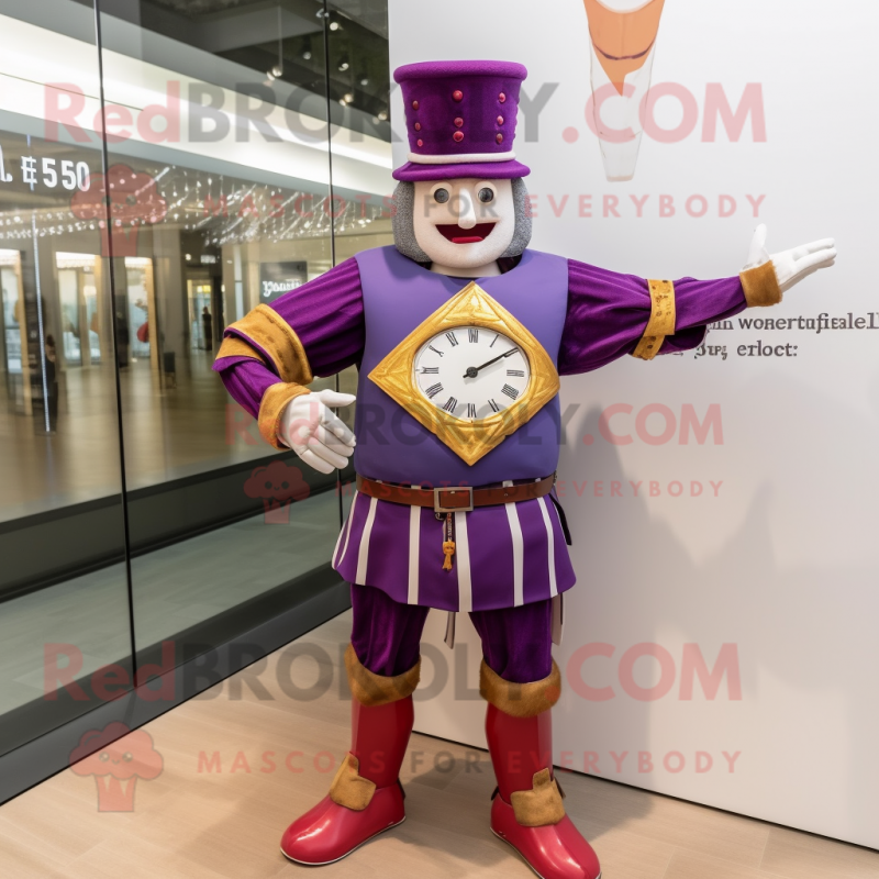 Purple Swiss Guard mascot costume character dressed with a Boyfriend Jeans and Digital watches Purple Swiss Guard mascot costume character dressed with a Boyfriend Jeans and Digital watches