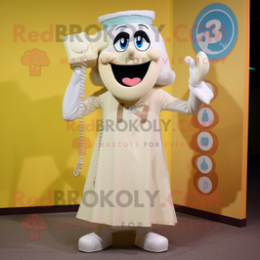 Cream Phone mascot costume character dressed with a Skirt and Suspenders