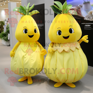 Lemon Yellow Turnip mascot costume character dressed with a Evening Gown and Handbags