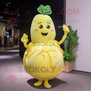 Lemon Yellow Turnip mascot costume character dressed with a Evening Gown and Handbags