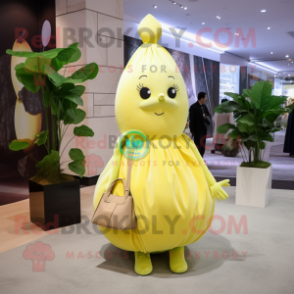 Lemon Yellow Turnip mascot costume character dressed with a Evening Gown and Handbags