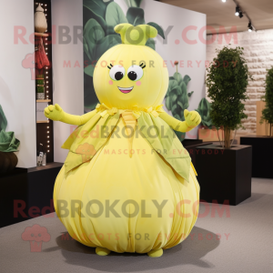 Lemon Yellow Turnip mascot costume character dressed with a Evening Gown and Handbags