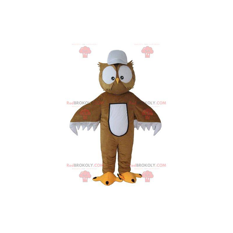 Mascotte de hibou marron et blanc avec de grands yeux -