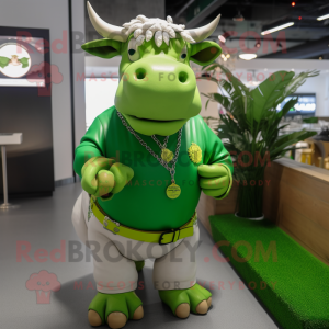 Lime Green Hereford Cow mascot costume character dressed with a Polo Shirt and Bracelets