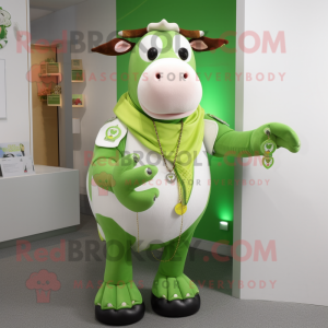 Lime Green Hereford Cow mascot costume character dressed with a Polo Shirt and Bracelets