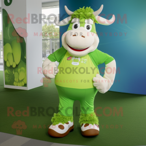 Lime Green Hereford Cow mascot costume character dressed with a Polo Shirt and Bracelets