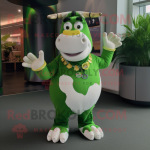 Lime Green Hereford Cow mascot costume character dressed with a Polo Shirt and Bracelets