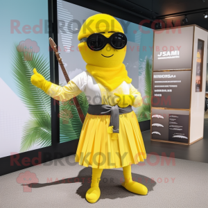 Lemon Yellow Samurai mascot costume character dressed with a Maxi Skirt and Sunglasses