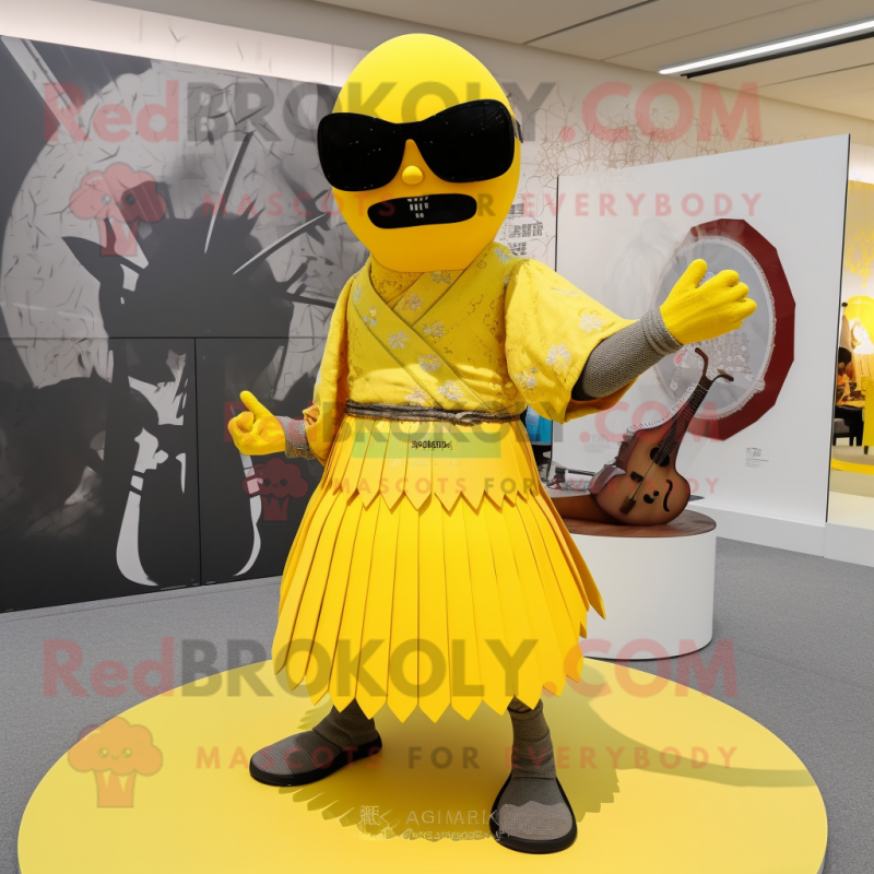 Lemon Yellow Samurai mascot costume character dressed with a Maxi Skirt and Sunglasses