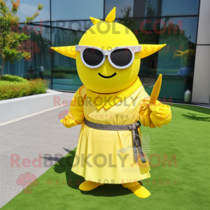 Lemon Yellow Samurai mascot costume character dressed with a Maxi Skirt and Sunglasses