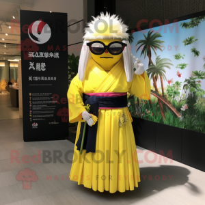 Lemon Yellow Samurai mascot costume character dressed with a Maxi Skirt and Sunglasses
