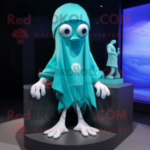 Cyan Squid mascot costume character dressed with a T-Shirt and Necklaces