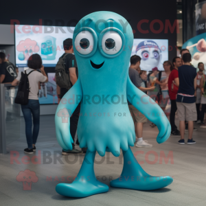 Cyan Squid maskot kostym...