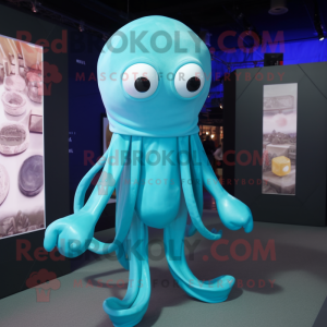 Cyan Squid maskot kostume...