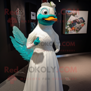 Teal Dove mascot costume character dressed with a Wedding Dress and Lapel pins