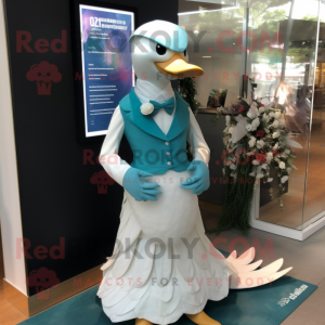 Teal Dove mascot costume character dressed with a Wedding Dress and Lapel pins