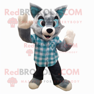Cyan Lynx mascot costume character dressed with a Flannel Shirt and Gloves