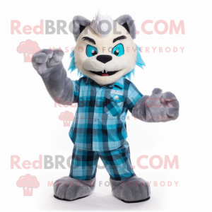 Cyan Lynx mascot costume character dressed with a Flannel Shirt and Gloves