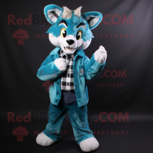 Cyan Lynx mascot costume character dressed with a Flannel Shirt and Gloves