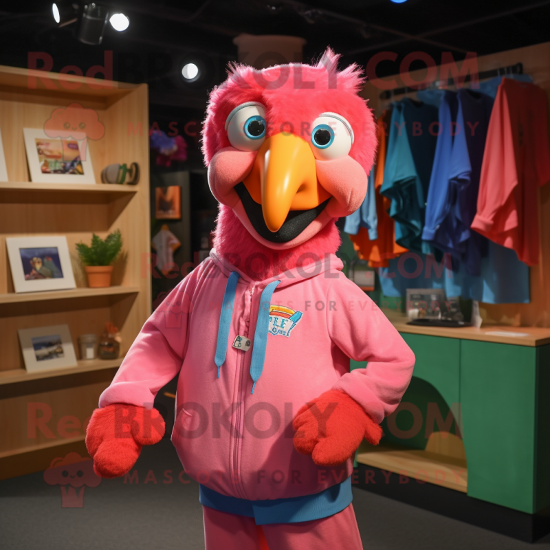 Pink Macaw mascot costume character dressed with a Sweatshirt and Suspenders