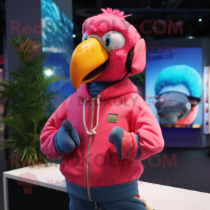 Pink Macaw mascot costume character dressed with a Sweatshirt and Suspenders