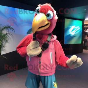 Pink Macaw mascot costume character dressed with a Sweatshirt and Suspenders