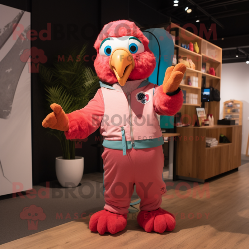 Pink Macaw mascot costume character dressed with a Sweatshirt and Suspenders