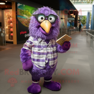 Purple Kiwi mascot costume character dressed with a Button-Up Shirt and Reading glasses