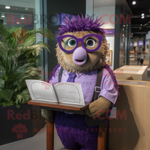 Purple Kiwi mascot costume character dressed with a Button-Up Shirt and Reading glasses