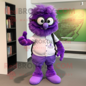 Purple Kiwi mascot costume character dressed with a Button-Up Shirt and Reading glasses