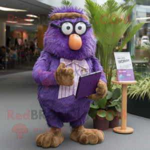 Purple Kiwi mascot costume character dressed with a Button-Up Shirt and Reading glasses