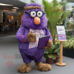 Purple Kiwi mascot costume character dressed with a Button-Up Shirt and Reading glasses