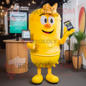 Lemon Yellow Currywurst mascot costume character dressed with a Playsuit and Wallets